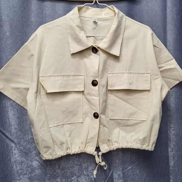 [BUNJANG] Ivory Short-Sleeve Cropped Shirt Jacket / 아이보리 반팔 크롭 셔츠 자켓