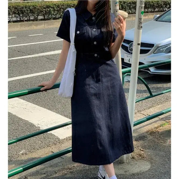 [BUNJANG] K-CLUB Raw Denim Short-Sleeve Long Dress / 케이클럽 생지데님 반팔 롱원피스 판매합니다. 생지 원피스. 데님 원피스.