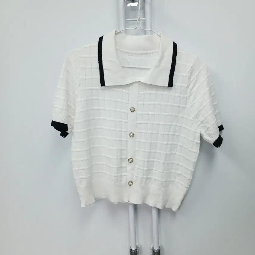 [BUNJANG] Casual Tweed Short-Sleeve Knit Top / 캐주얼 트위드 크롭 반팔 카라 니트 55