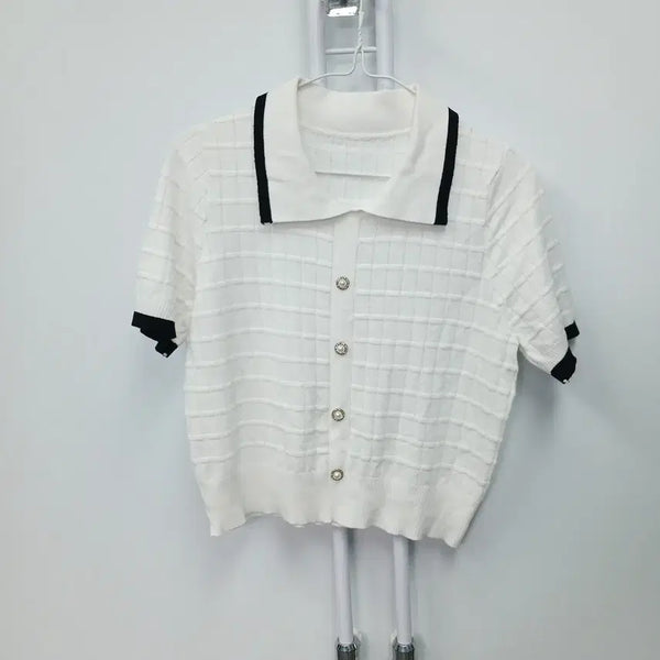 [BUNJANG] Casual Tweed Short-Sleeve Knit Top / 캐주얼 트위드 크롭 반팔 카라 니트 55