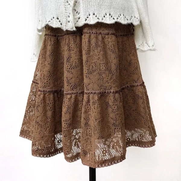 [BUNJANG] Vintage Japanese Punching Lace Shirring Midi Skirt Camel Brown / 일본빈티지 펀칭레이스 셔링캉캉 미디스커트 치마 카멜브라운 모리걸하구미룩
