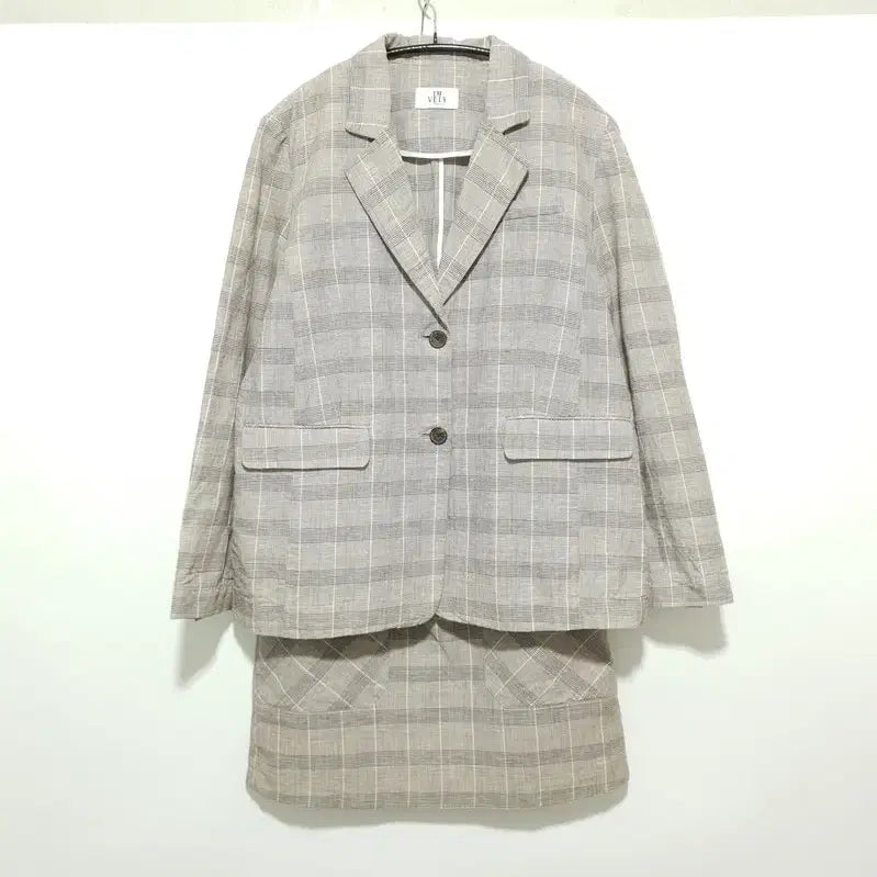 [BUNJANG] Imvely Check Linen Jacket & Skirt Two-piece Set (Free Size) / 임블리 체크 리넨 자켓  & 스커트 투피스 F