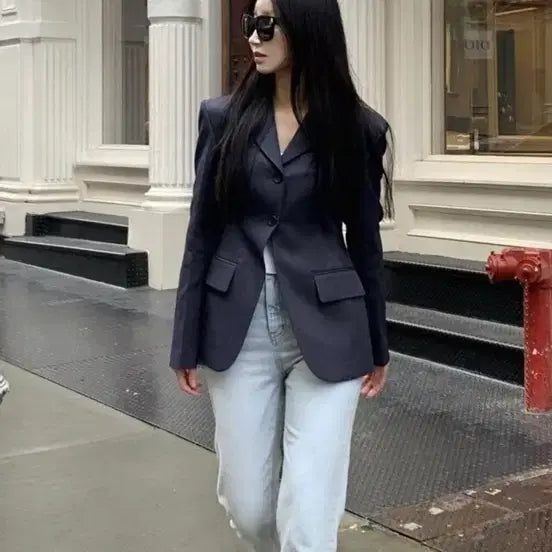 [BUNJANG] Bron Hourglass Linen Jacket White Navy / 브론 아워글래스 린넨 자켓 화이트 네이비