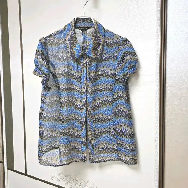 [BUNJANG] Blue Print Puff Sleeve Short Sleeve Blouse / 블루 프린트 퍼프소매 반팔 블라우스 (95)