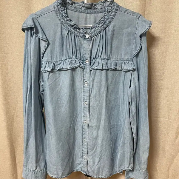 [BUNJANG] Derek Lam 10 Crosby Blue Denim Shirt with Ruffle Trim / DEREKLAM IO CROSBY  청 데님 셔츠 프릴 장식