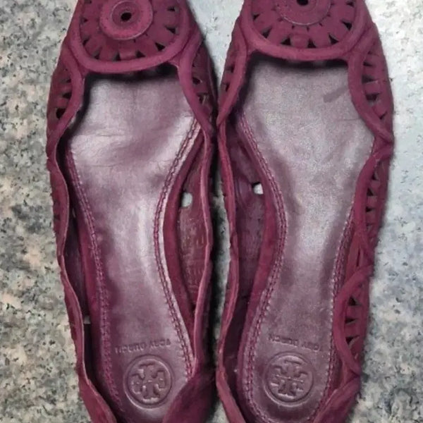 [BUNJANG] Tory Burch Suede Perforated Ballet Flats Plum Burgundy / 토리버치 플랫 스웨이드 플럼 버건디 펀칭 슈즈