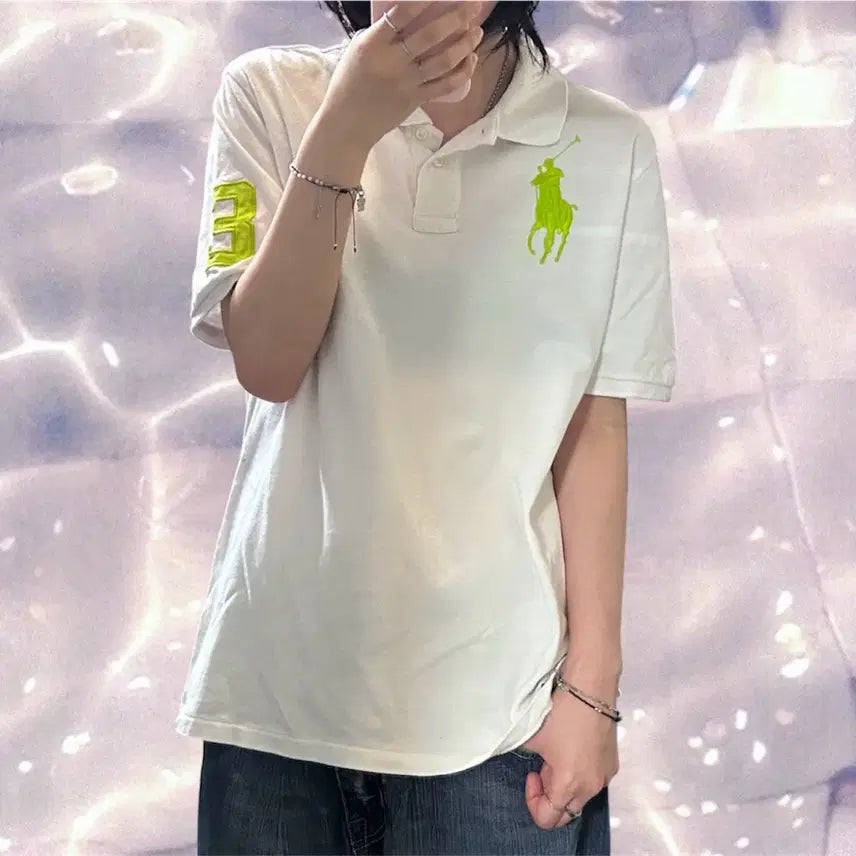 [BUNJANG] Polo Ralph Lauren Big Pony Chieftain Short Sleeve Polo Shirt White Lime M / 폴로 랄프로렌 빅포니 치프키프 반팔 카라 티셔츠 화이트 라임 M