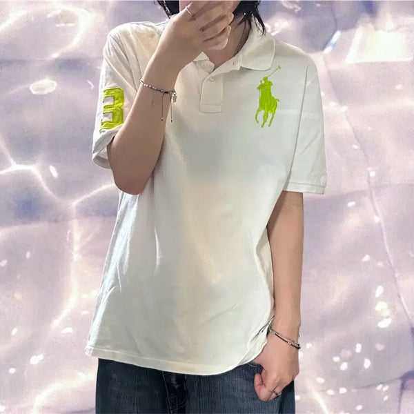 [BUNJANG] Polo Ralph Lauren Big Pony Chieftain Short Sleeve Polo Shirt White Lime M / 폴로 랄프로렌 빅포니 치프키프 반팔 카라 티셔츠 화이트 라임 M