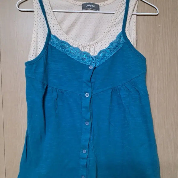 [BUNJANG] Joky Gal Lace Camisole with Polka Dot Layering / Joky gal 레이스 끈나시 도트 패턴 레이어드 빈티지