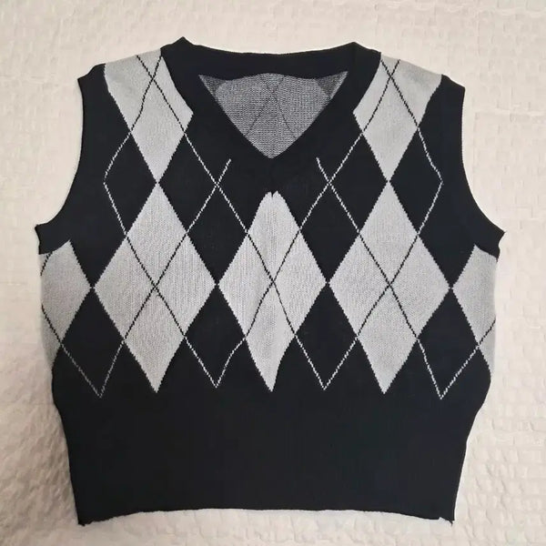 [BUNJANG] Argyle Check Knit Vest Black/Gray / 아가일 체크 니트 조끼 블랙/회색