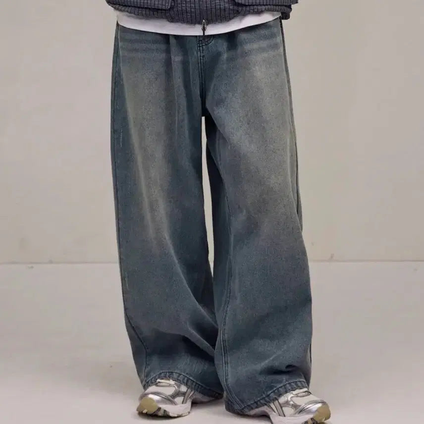 [BUNJANG] Filluminate Damage Washed Denim Pants - Medium Blue / 필루미네이트 데미지 워시드 데님 팬츠-미디엄 블루