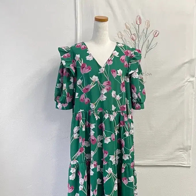 [BUNJANG] Plus Size Flower Pattern Green Long Dress / 빅사이즈-플라워 패턴 그린 롱 원피스