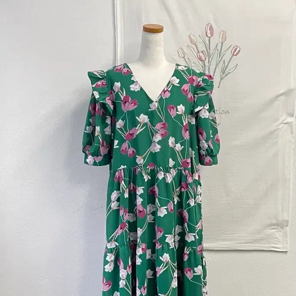 [BUNJANG] Plus Size Flower Pattern Green Long Dress / 빅사이즈-플라워 패턴 그린 롱 원피스