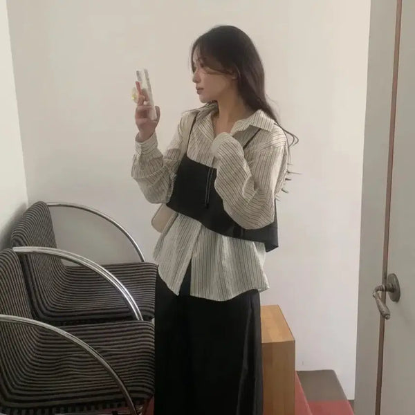 [BUNJANG] Stripe Shirt + Black Bustier Set / 스트라이프 셔츠 + 블랙 뷔스티에 세트(세트)