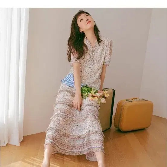 [BUNJANG] Thursday Island Lace-Up Border Long Dress / 써스데이아일랜드 레이스업보더롱원피스