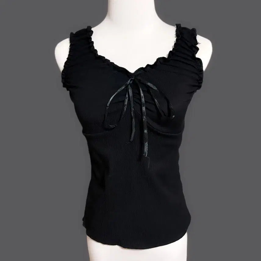 [BUNJANG] Black Gothic Lolita Shirring Ribbon Frill Detail Sleeveless Top / 일본 블랙 고스로리 셔링 리본 프릴 디테일 딱붙 나시티