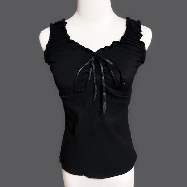[BUNJANG] Black Gothic Lolita Shirring Ribbon Frill Detail Sleeveless Top / 일본 블랙 고스로리 셔링 리본 프릴 디테일 딱붙 나시티