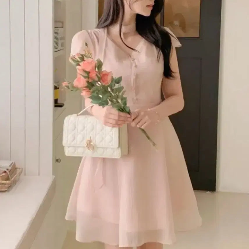 [BUNJANG] Ribbon Tie Chiffon See-Through Scarf Long Mini Dress / [원가10만 새상품] 리본 타이 쉬폰 시스루 스카프 롱 원피스 하객룩