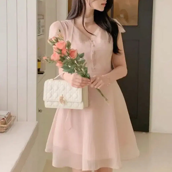 [BUNJANG] Ribbon Tie Chiffon See-Through Scarf Long Mini Dress / [원가10만 새상품] 리본 타이 쉬폰 시스루 스카프 롱 원피스 하객룩