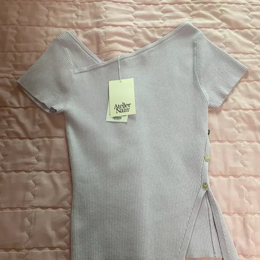 [BUNJANG] Atelier Nine Cut-Out Short Sleeve Knit Lavender Pink / 아틀리에나인 컷아웃 반팔 니트 라벤더핑크 택있는 새상품
