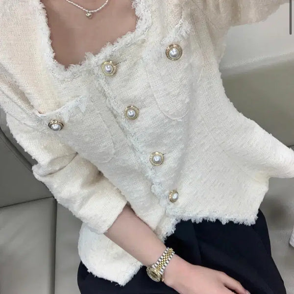 [BUNJANG] Bicini Side Slit Tweed Jacket Cream Large / 바이씨니 제작 트임스퀘어트위드 자켓 크림 라지