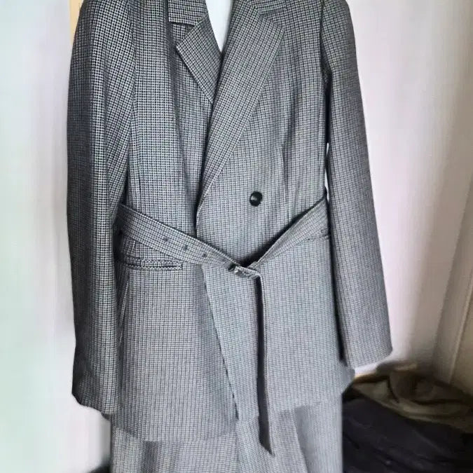 [BUNJANG] Line Check Pattern Belted Jacket + Pants Set / LiNE체크 패턴 벨트 자켓 + 바지 세트