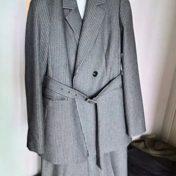[BUNJANG] Line Check Pattern Belted Jacket + Pants Set / LiNE체크 패턴 벨트 자켓 + 바지 세트