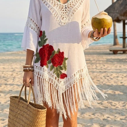 [BUNJANG] Bohemian Crochet Rose Embroidery Tunic Blouse / [S]보헤미안 크로쉐 장미 자수 튜닉 블라우스 에스닉 로즈망사 미디 원피스