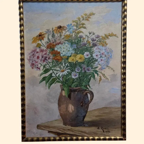 [BUNJANG] 1937 Austrian Original Oil Painting 'Still Life with Flowers' with Historical Hitlerplatz Frame Label / (희귀/역사적 소장품) 1937년 오스트리아 오리지널 유화