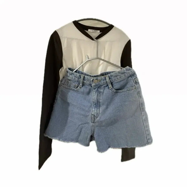 [BUNJANG] Summer Color Block T-Shirt and Blue Denim Shorts Set / 여름세트 배색티/청반바지