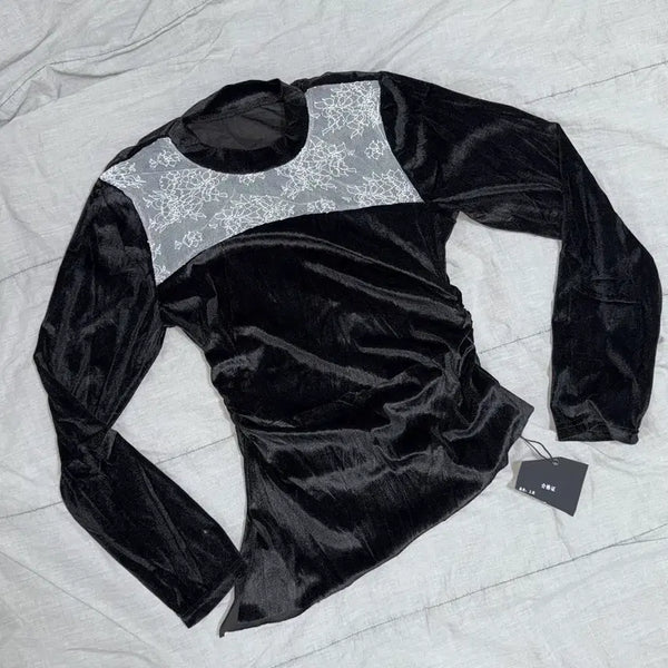[BUNJANG] Black Velvet Mesh Long Sleeve Asymmetrical T-Shirt / (새상품)검정 벨벳 블랙 메쉬 화이트 긴팔티 언발란스 언발티 [옷]