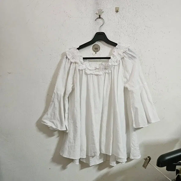 [BUNJANG] White Frill Blouse 7-Sleeve / 화이트 프릴 블라우스 7부 소매