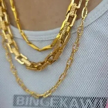 [BUNJANG] 24K Gold Plated Rectangular Link Chain Necklace (Glossy/Matte) / 황금색 직사각링크체인 유광/무광 볼드목걸이 (24k압축진공)