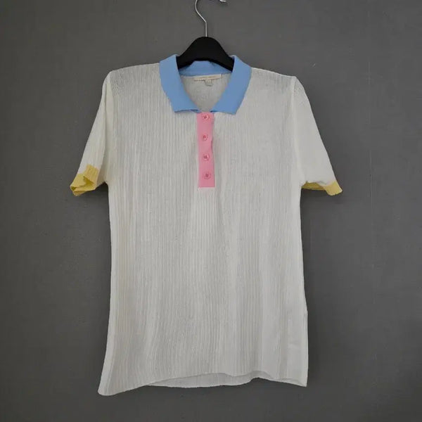 [BUNJANG] Plastic Island White Collar Short Sleeve Knit S / 플라스틱 아일랜드 화이트 카라 반팔 니트 S