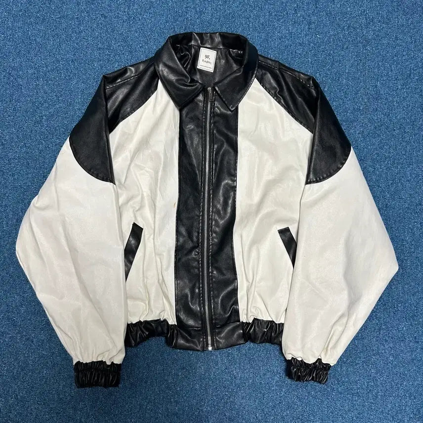[BUNJANG] 90's Leather Panel Jacket Black/White / 90's 레더 배색 자켓 블랙/화이트