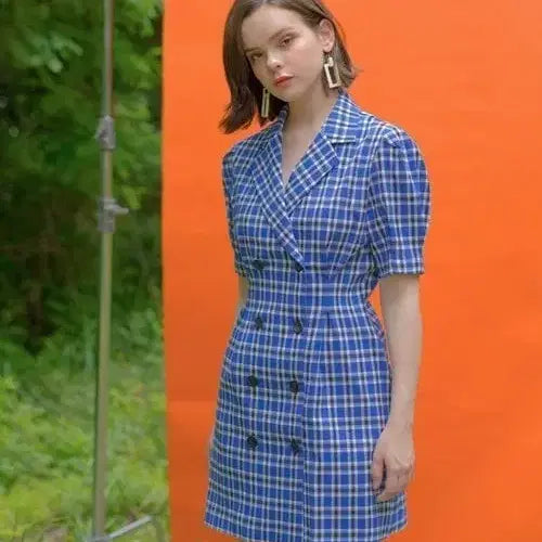 [BUNJANG] CLET Blue Check Seersucker Short-Sleeve Mini Dress / 클렛 clet 블루 체크 시어서커 반팔 원피스 55~66