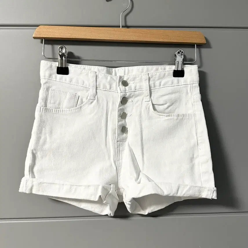 [BUNJANG] White High-Waisted Rolled-Up Denim Shorts / 화이트 하이웨스트 면 데님 반바지 롤업 숏팬츠