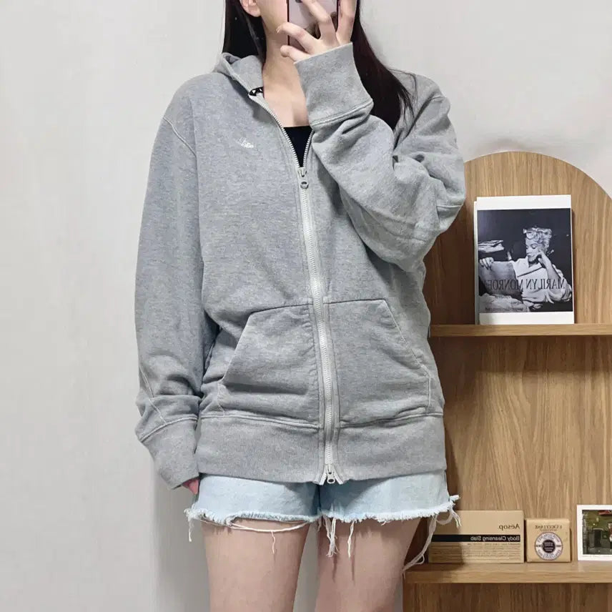 [BUNJANG] Adidas Grey Mini Embroidered Logo Two-Way Zip Hoodie (M) / [정품] 아디다스 그레이 미니자수로고 투웨이 후집 [ M ]