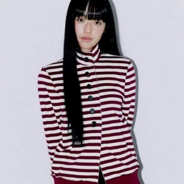 [BUNJANG] Oppish Button Stripe Two-Way Zip-Up Burgundy / 오피쉬 버튼 스트라이프 투웨이 집업 버건디