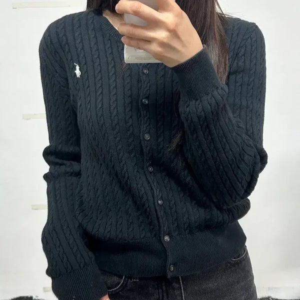 [BUNJANG] Polo Ralph Lauren Pony Logo Cable Knit Cardigan Navy / 폴로 랄프로렌 포니로고 케이블 니트 가디건 네이비
