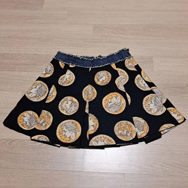 [BUNJANG] Black Coin Pattern Denim Mini Skirt / 블랙 코인 패턴 데님 미니스커트