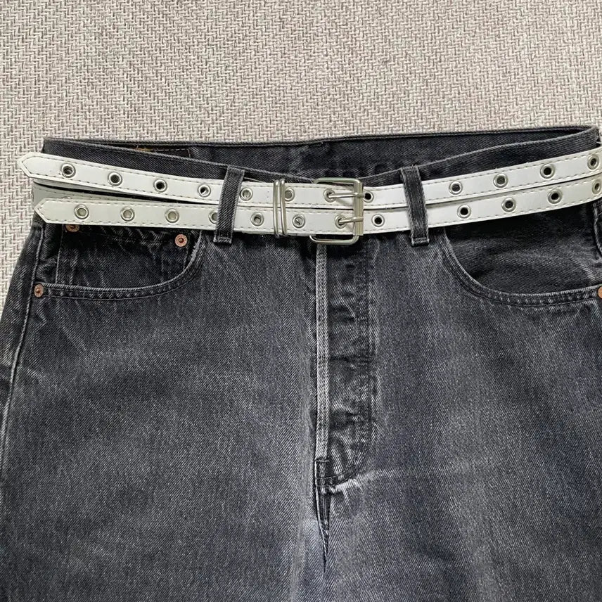 [BUNJANG] Vintage Double Eyelet Silver Buckle Belt / 빈티지 더블 아일렛 실버버클 벨트