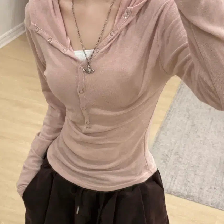 [BUNJANG] Dandelion Slim Mochi Button Hoodie Pink / 단델리온 슬림 모찌 버튼 후드 티