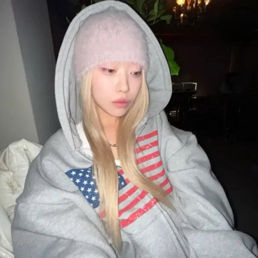 [BUNJANG] American Flag Two-Way Zipper Hoodie Gray / 에이블리 미국 성조기 후드집업 그레이 투웨이 지퍼