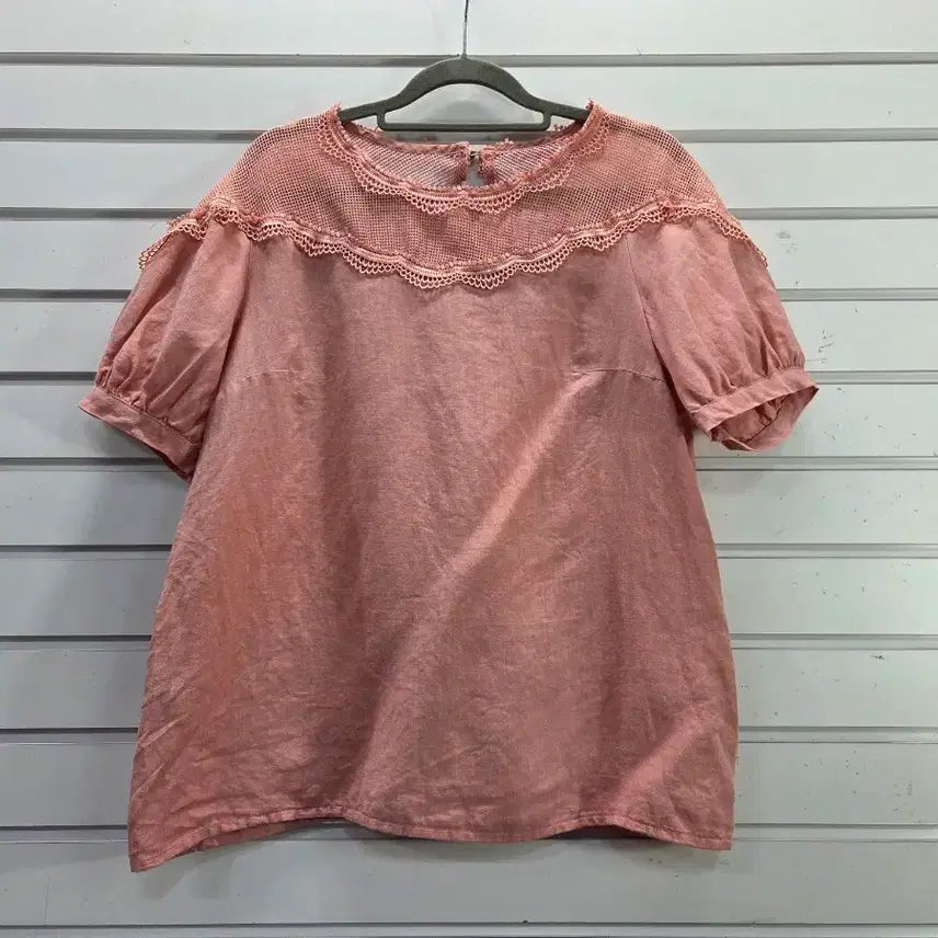 [BUNJANG] Indi Pink Mesh Lace Pointed Linen Blouse / 인디핑크 그물레이스포인트  마 블라우스/보물찾기천사
