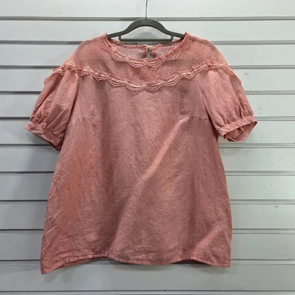 [BUNJANG] Indi Pink Mesh Lace Pointed Linen Blouse / 인디핑크 그물레이스포인트  마 블라우스/보물찾기천사