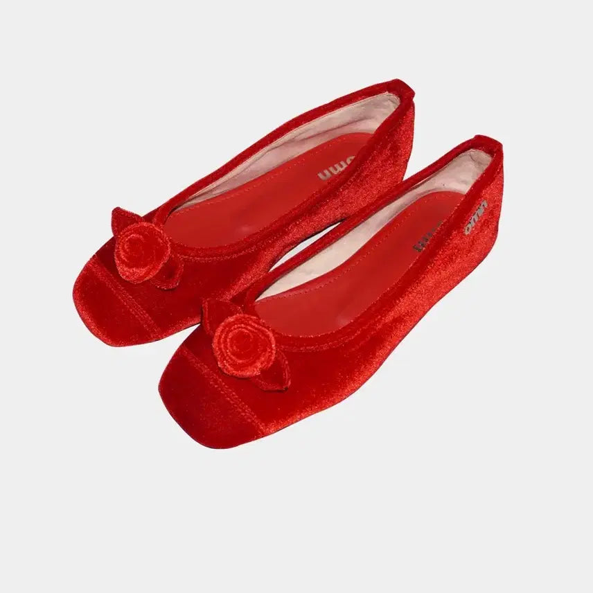 [BUNJANG] Omnipotent Rose Velvet Flat Shoes (Red, Size 230) / 옴니포턴트 로즈 벨벳 플랫 슈즈 (레드 230)