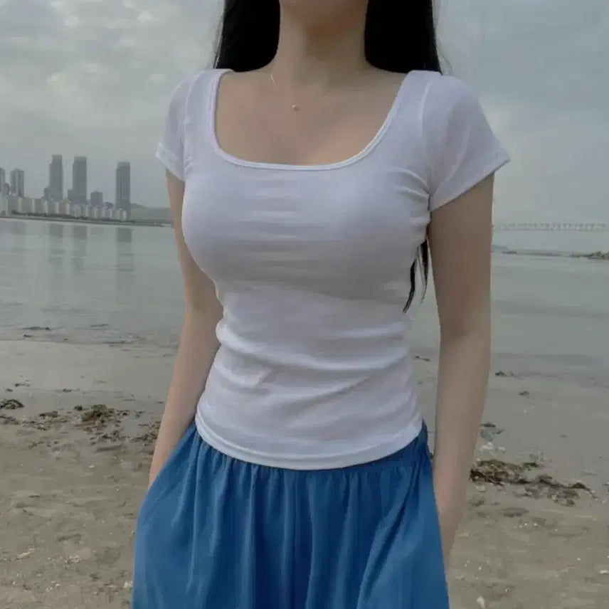 [BUNJANG] Basic Square Neck Short Sleeve T-Shirt / 스퀘어넥 반팔티 기본티 이너티 크롭티 면티 무지티 기본티 흰티