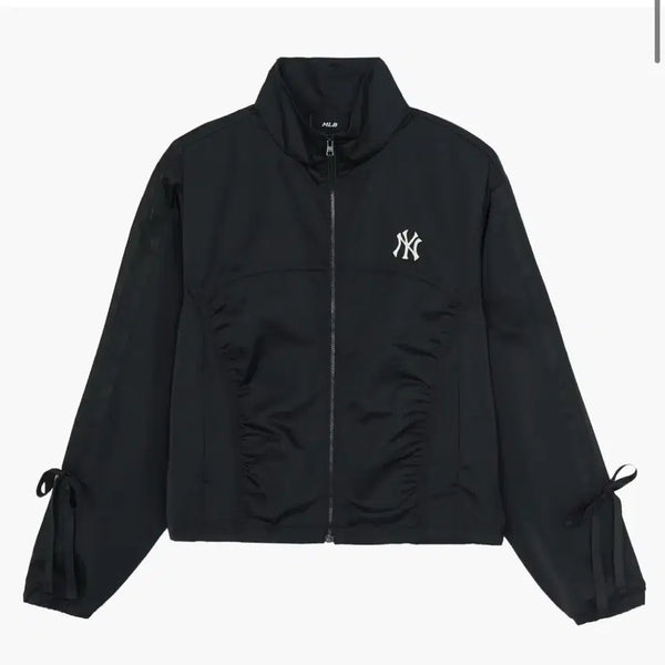 [BUNJANG] MLB Satin Crop Ribbon Shirring Windbreaker / MLB 새틴 크롭 리본 셔링 바람막이