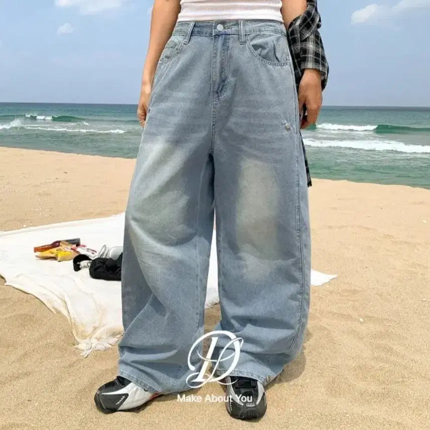 [BUNJANG] Dangdanggirl Back-Banded Washed Denim Pants Light Blue / 당당걸 와이드 뒷밴딩 워싱 데님 팬츠 연청